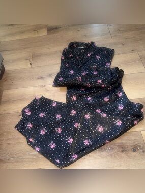 Morgan Taylor Intimates Satin Pajama Set XXL Black & Pink Floral Polka Dot NWOT